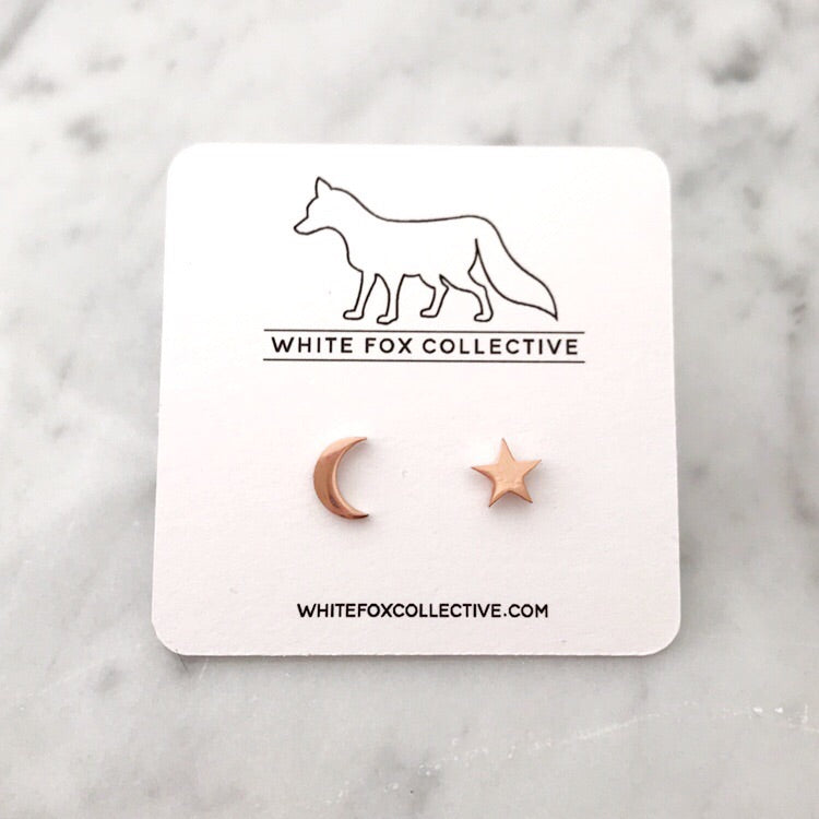 Moon and Star Earrings - Rose Gold