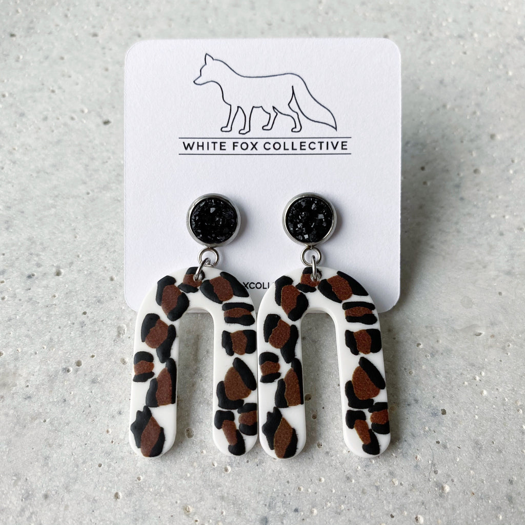Faux Druzy and Horseshoe Acetate Earrings - Leopard