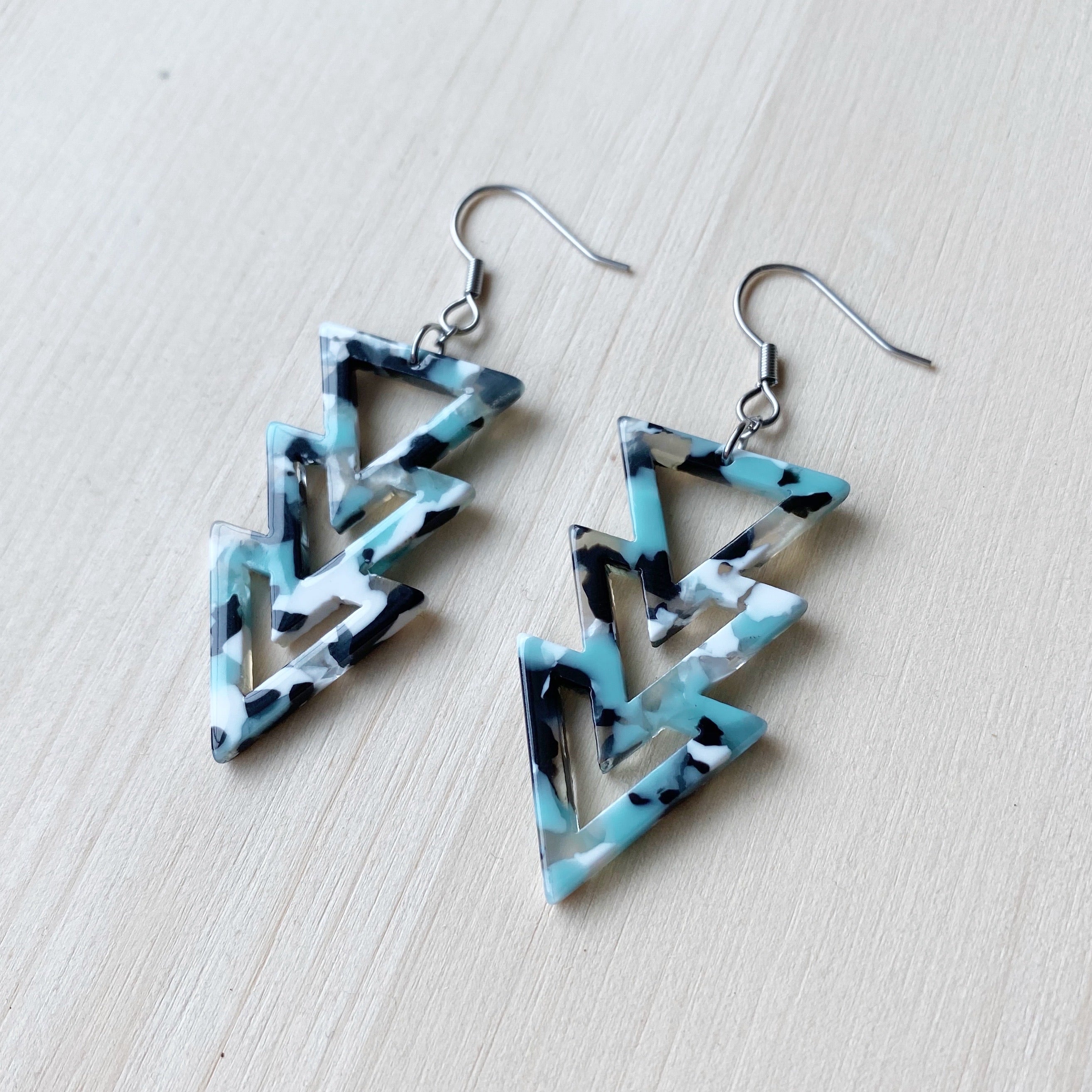 Triangle Drop Acetate Earrings - Blue, White and Black