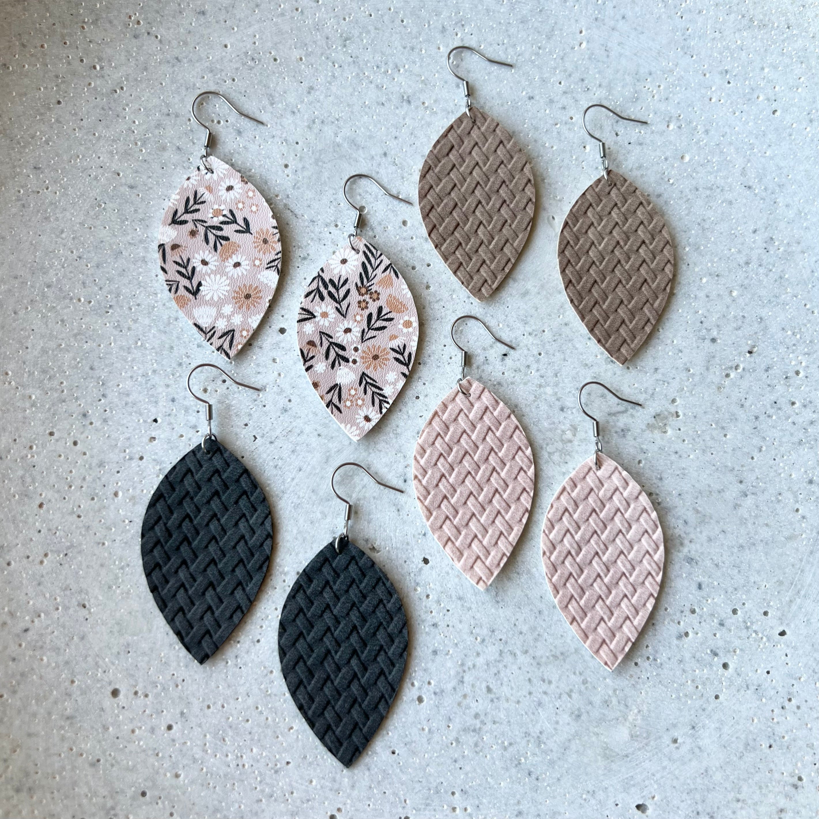 Leaf Earrings - Charcoal Suede Weave