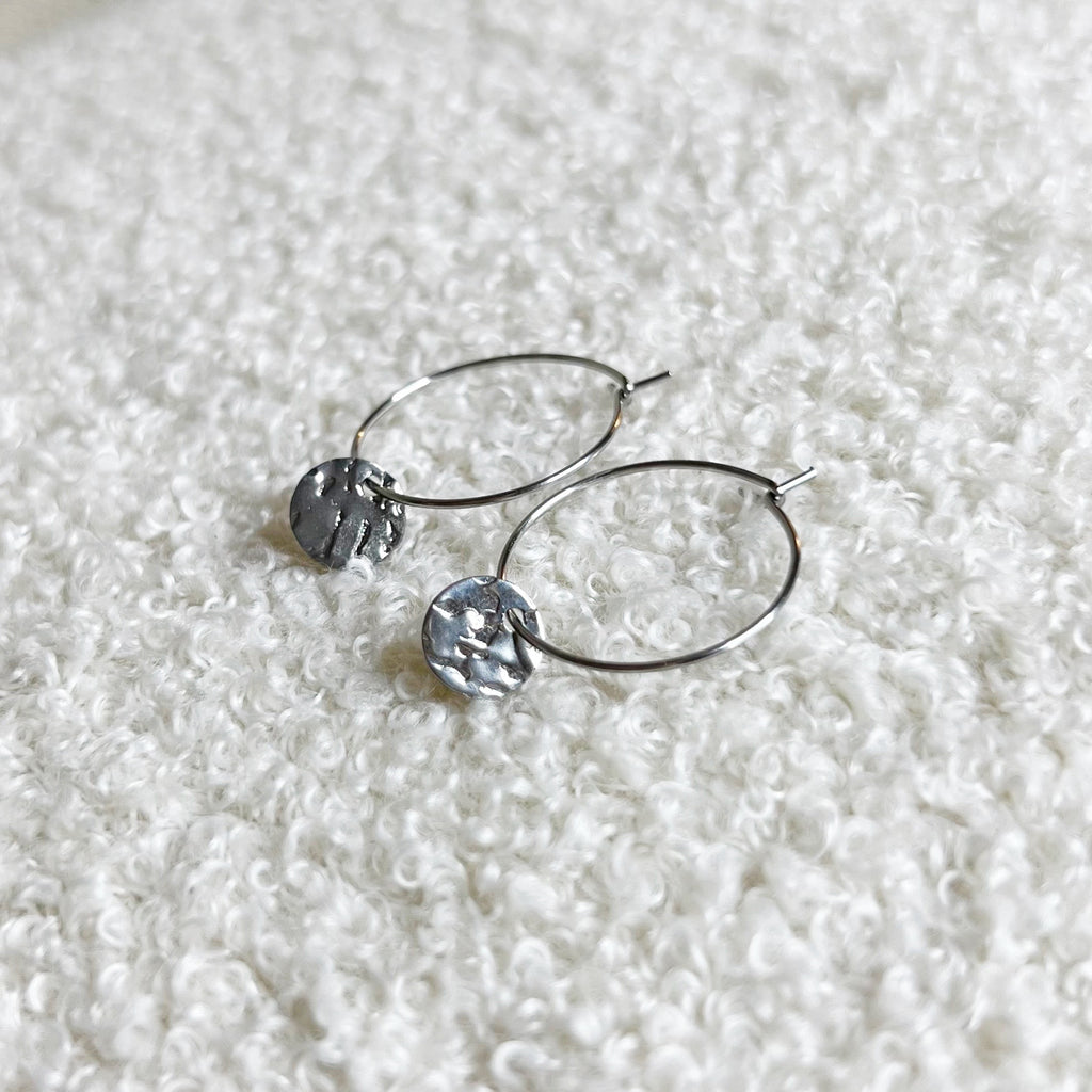 Tiny Coin Hoop Earrings - Silver