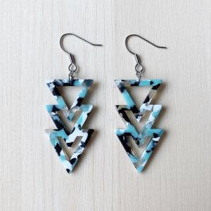 Triangle Drop Acetate Earrings - Blue, White and Black